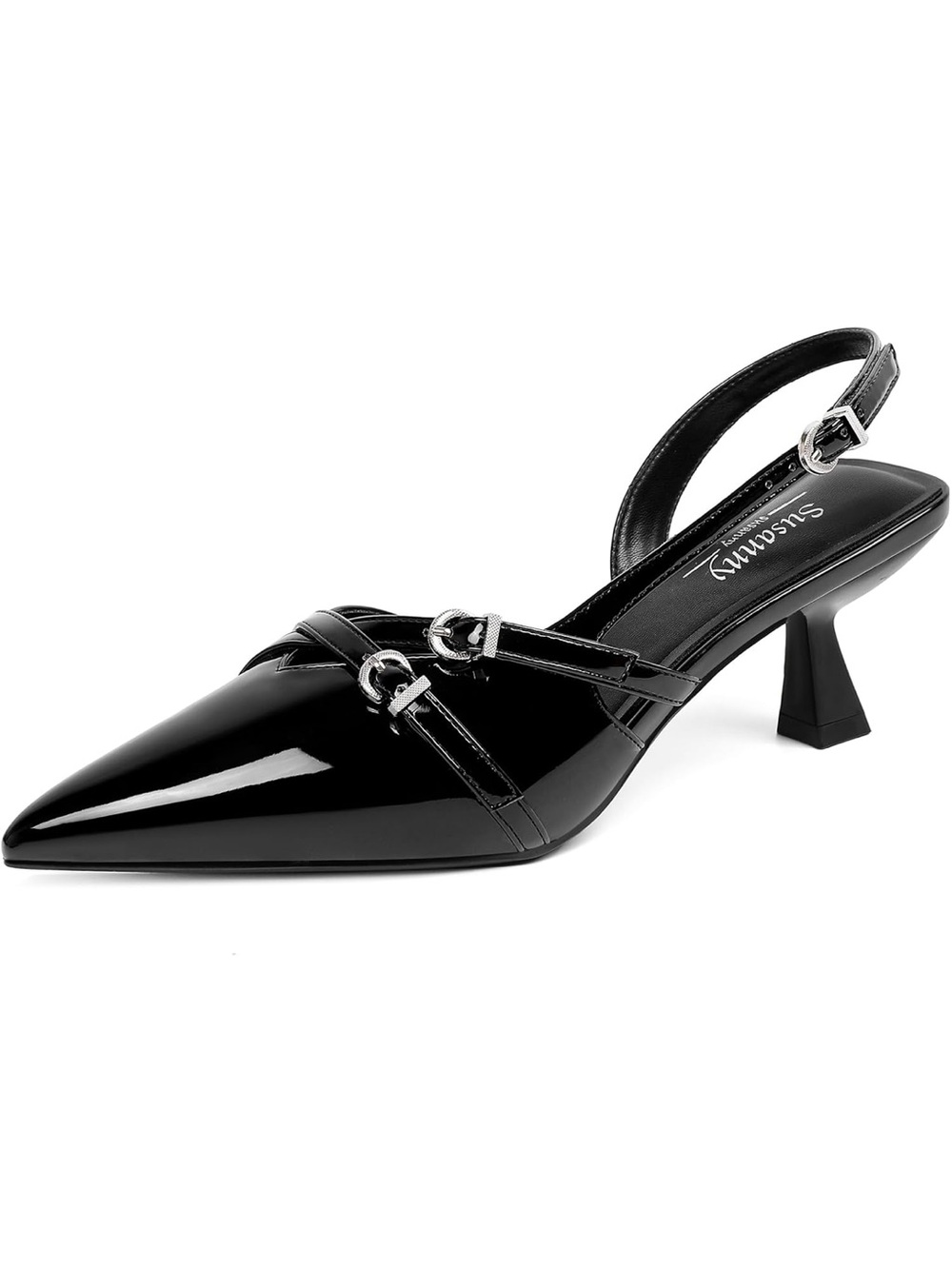 Black Patent Pointed Slingback Kitten Heel with Buckle Detail